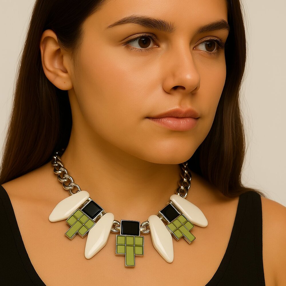 Silver Green, Black & White Chunky Statement Necklace – Bold Women’s Jewelry